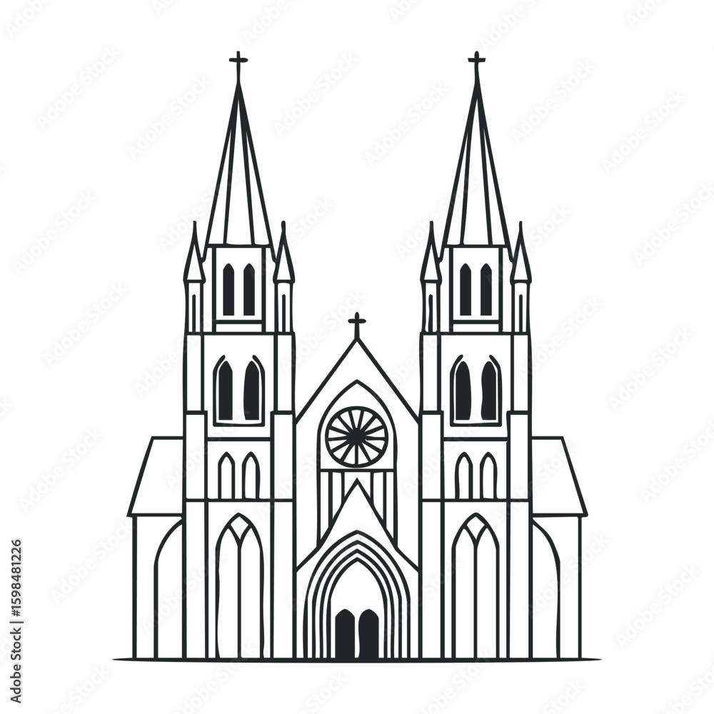 Fototapeta premium Gothic cathedral outline: twin spires and arched entryway in black and white line drawing. Vector illustration