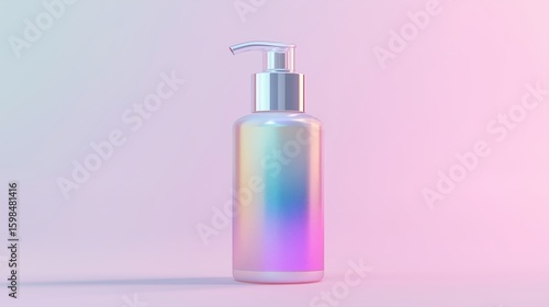luxury facial toner bottle with pump dispenser, label in soft gradient grey with subtle iridescent rainbow tones