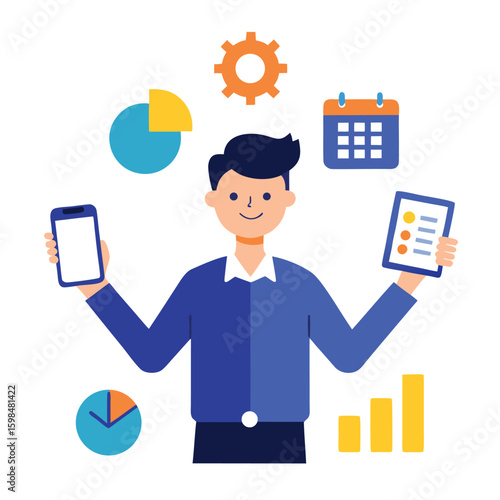 Entrepreneur multitasking with smartphone and calendar isolated on white background