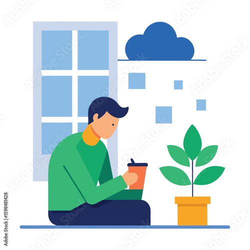 Employee taking a break scrolling on phone isolated on white background