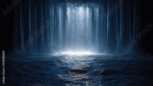 Water curtain peeled back revealing glowing heart of the sea, dramatic light