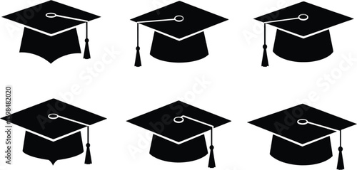Vector art of a collection of graduation cap silhouettes isolated on white background symbolizes academic success and graduation