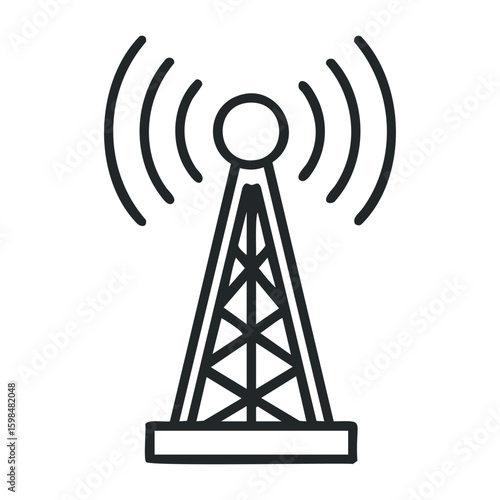 Wireless communications icon depicting radio tower and signal waves for connectivity. Vector illustration