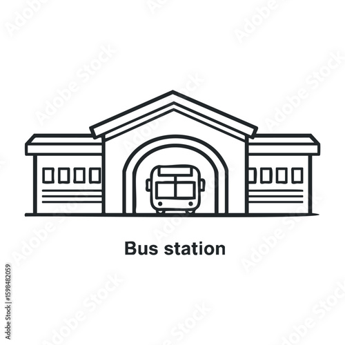 Outline of a bus station with central building and bus icon in black and white. Vector illustration