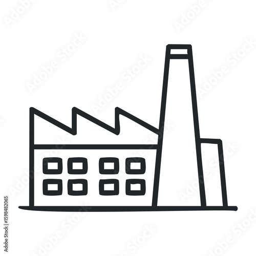 Industrial factory outline with tall chimney and zigzag roof design. Vector illustration