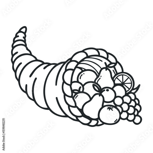 Cornucopia outline filled with fruits: symbols of bountiful harvest and thanksgiving. Vector illustration