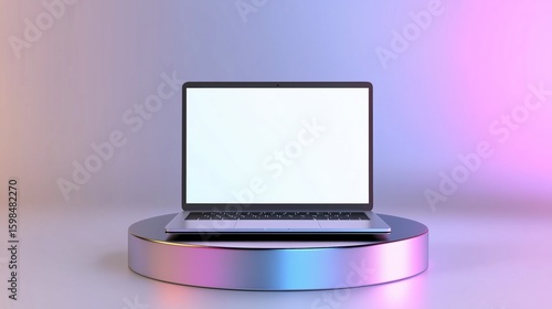 minimal luxury laptop facing front to camera with white blank screen, placed on modern metallic silver reflective round podium