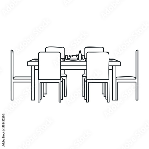 Minimalist dining room set with six chairs and tableware on table. Vector illustration