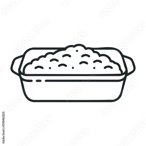 Simple line art of baked casserole dish with handles. Vector illustration