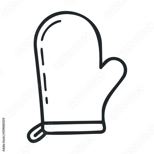 Black and white oven mitt line drawing with simple design elements. Vector illustration
