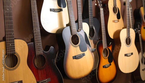 Acoustic guitars hanging on a wall