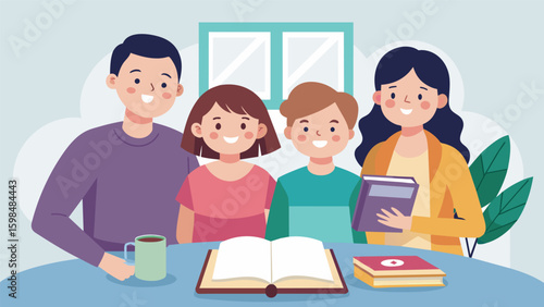 A family proudly displaying their completed scrapbook on the coffee table ready to share and reminisce with visitors.. Vector illustration