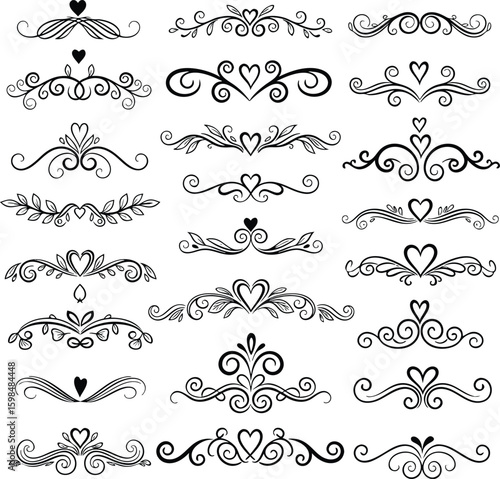 Elegant collection of vector dividers with heart shapes and flourishes for design projects