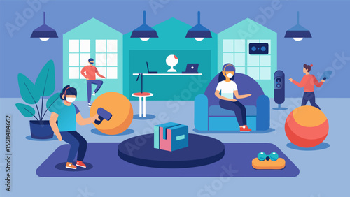 A lounge area where attendees can relax and try out VR games designed for physical activity.. Vector illustration