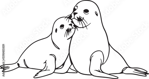 Cute minimalist drawing of a mother and baby seal cuddling, done in bold black line art,