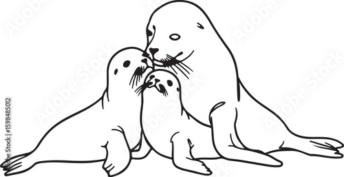 Cute minimalist drawing of a mother and baby seal cuddling, done in bold black line art,
