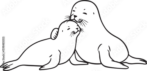 Cute minimalist drawing of a mother and baby seal cuddling, done in bold black line art,