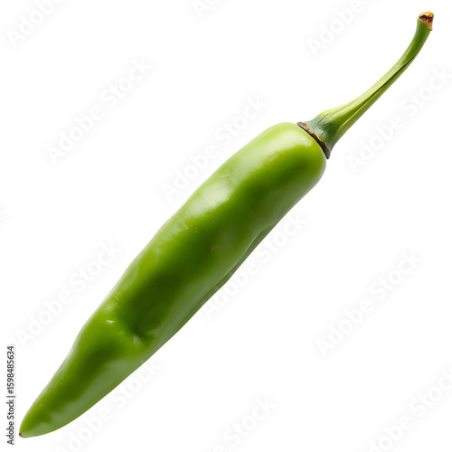 Pepper, green pepper, one long green chili pepper isolated, close-up, transparent background