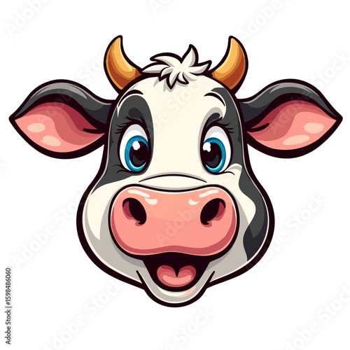 Cute cartoon cow face with a happy expression and big eyes, vibrant colors, animal illustration