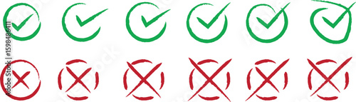 Brush stroke check and cross icons in green and red circles for approval and rejection. Editable vector elements for UI, infographics, marketing. High-resolution symbols for digital and print.