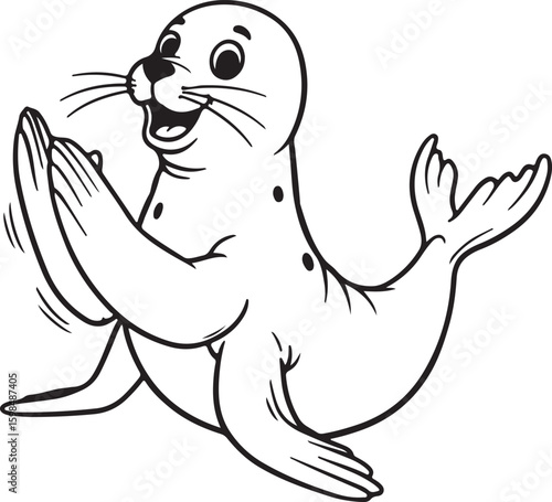 Black and white cartoon drawing of a seal clapping its flippers, fun and friendly style for educational posters,