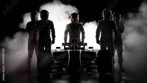 Racing team silhouette with Formula One car surrounded by dramatic smoke and lighting effects
