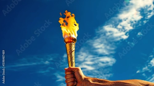 Man hand holds a torch with the Olympic flame against a blue sky background.