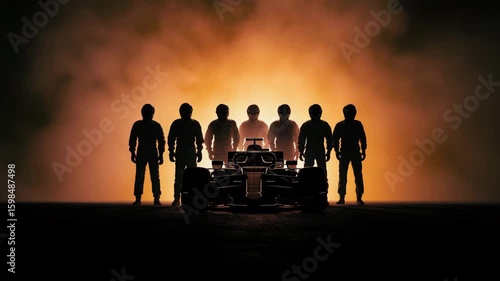 Racing team silhouettes with a Formula One car against a dramatic smoky orange background