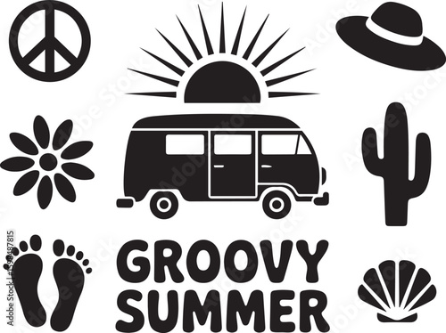 Groovy summer icons set, retro van, peace, sun, and beach elements
