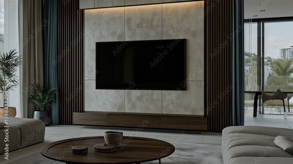 Fototapeta premium Modern luxury living room with flat screen TV on marble wall, wooden panel accents, ambient lighting, and elegant interior design.