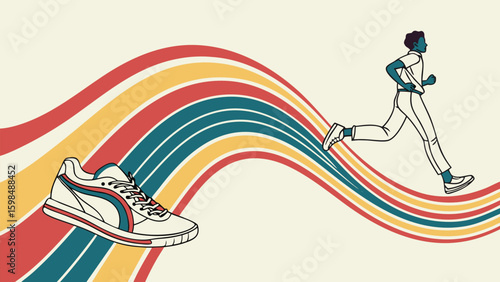 Dynamic Run: A retro illustration depicts a runner alongside a vintage athletic shoe, both energized by colorful, stylized ribbons, embodying the essence of motion and vigor.