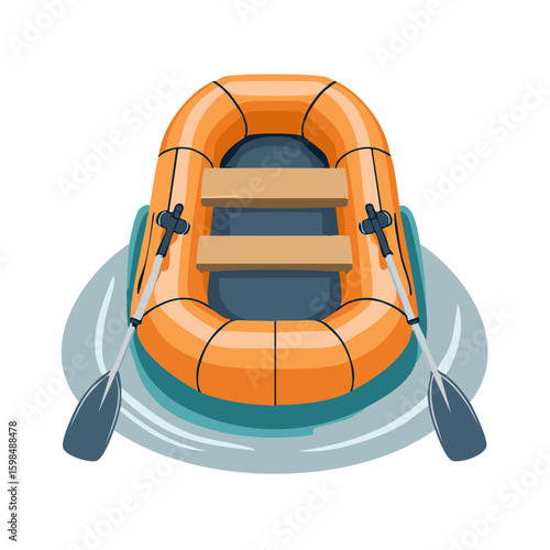 Orange Inflatable Raft Boat with Paddles in Water Graphic Illustration