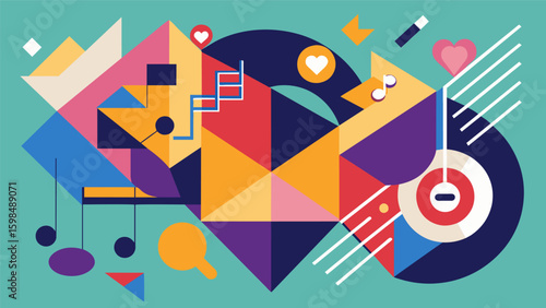 A contemporary painting featuring a mix of geometric shapes and musical notes representing the artists love for electronic music and its influence on. Vector illustration