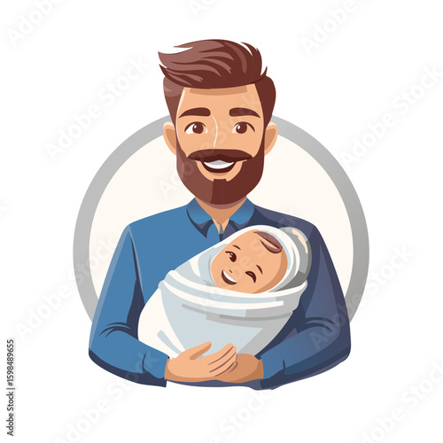 Bearded Father Holding Swaddled Newborn Baby, Smiling. Love and Care Illustration