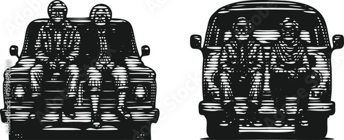  Monochrome lined engraving bundle featuring old couple sitting on bumper of vintage van, retro style.