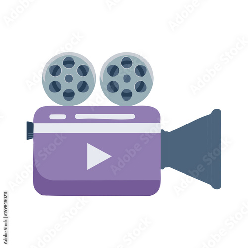 Flat vector vintage movie camera shooting film icon filmmaking production element in cartoon style. Retro cinema recorder equipment