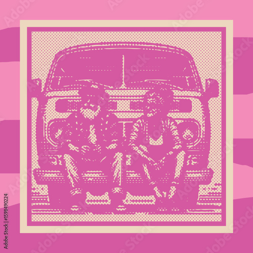  Engraving style pink old couple sitting on bumper of vintage van, canvas template, stamp dot halftone decor.