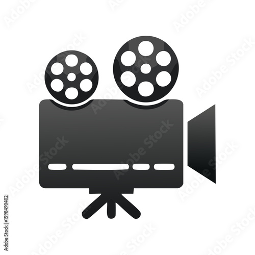 Classic film camera illustration with reels in black and white to represent moviemaking
