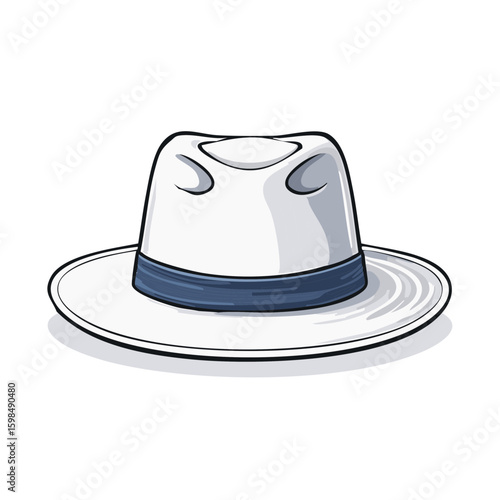 Cartoon style illustration of a white fedora hat with a blue hatband on a white background
