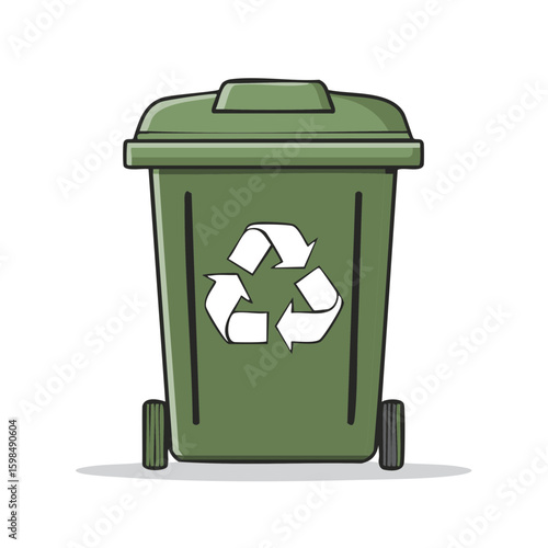 Illustrated green recycling bin with universal recycling symbol, wheelie bin to collect recyclable garbage, ecological concept, and waste management.