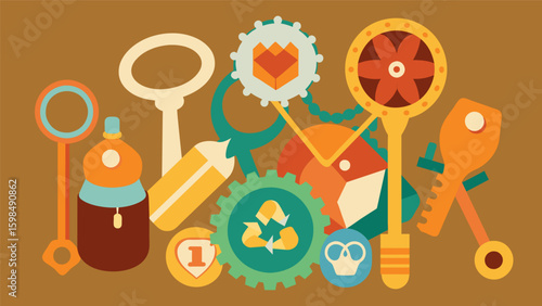A collection of handcrafted jewelry made from recycled materials such as bottle caps and old keys representing the ability to find beauty and value in. Vector illustration
