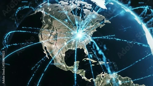 Digital global network on Earth showing glowing blue data lines connecting continents symbolizing modern communication technology and worldwide internet connect
