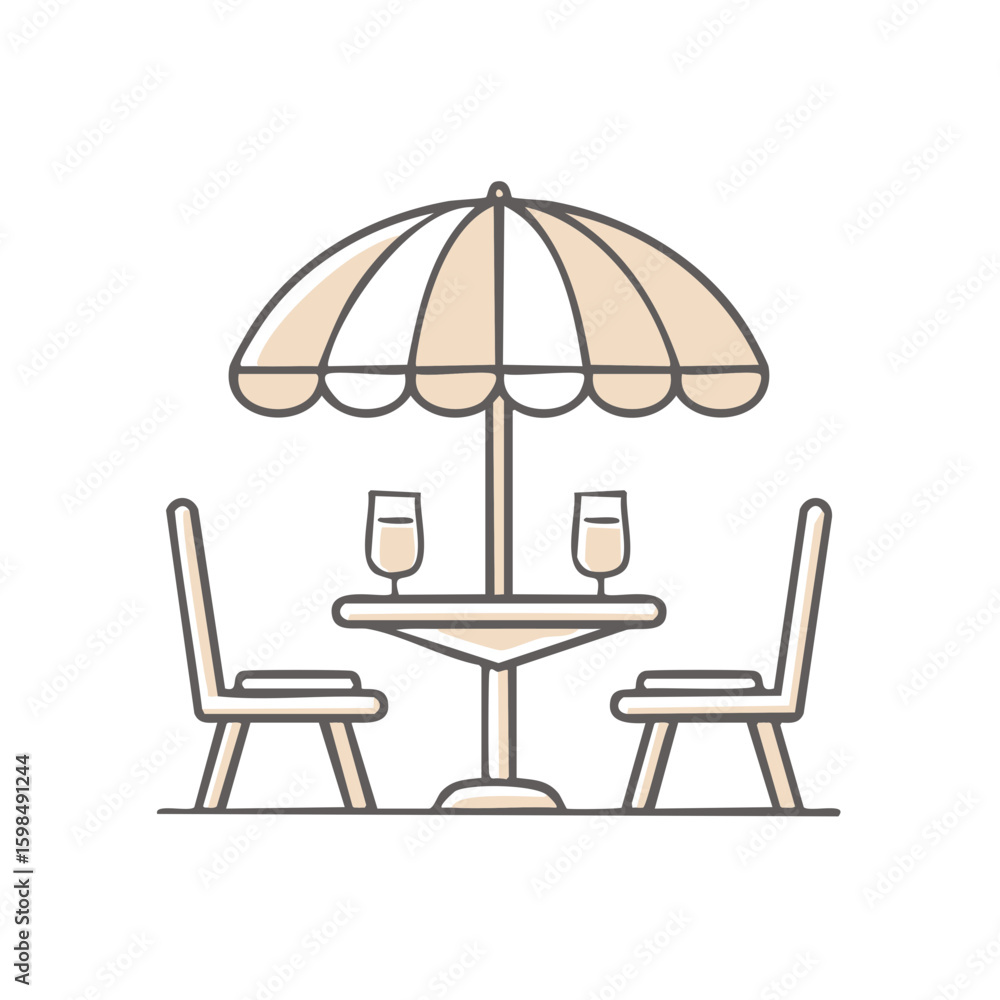 Fototapeta premium Patio bistro scene with two chairs, table, wine glasses, and umbrella in neutral pastel colors, outline vector style