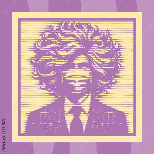  Engraving style purple color fashionable man with surgical mask, exaggerated voluminous hair, canvas template, stamp lined halftone decor vector