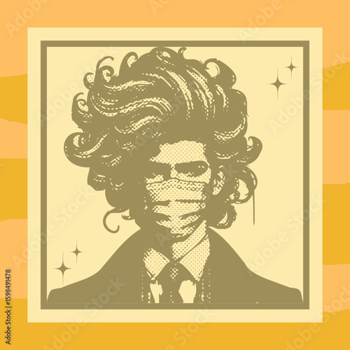 Stylized Halftone Portrait of Man with Mask and Voluminous Hair
