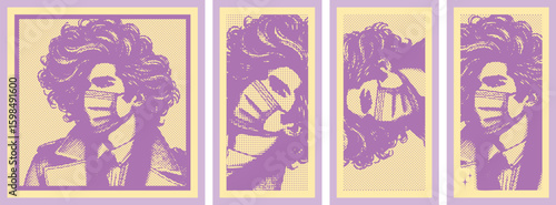 Modern Halftone Vector of Stylish Man with Mask and Voluminous Hair