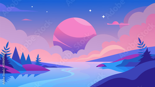 A delicate pink and blue wash intertwine to create a peaceful atmosphere evoking a sense of tranquility and calmness.. Vector illustration