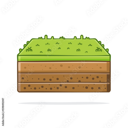 Cartoon Cross Section of Soil Layers with Grass Surface in a Block Illustration