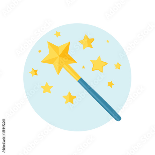 Magical Wand with Golden Stars on Light Blue Background in Vector