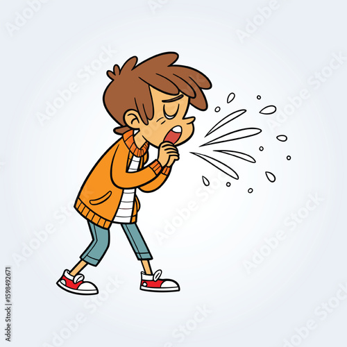 An illustration of a boy coughing and wearing a yellow sweater